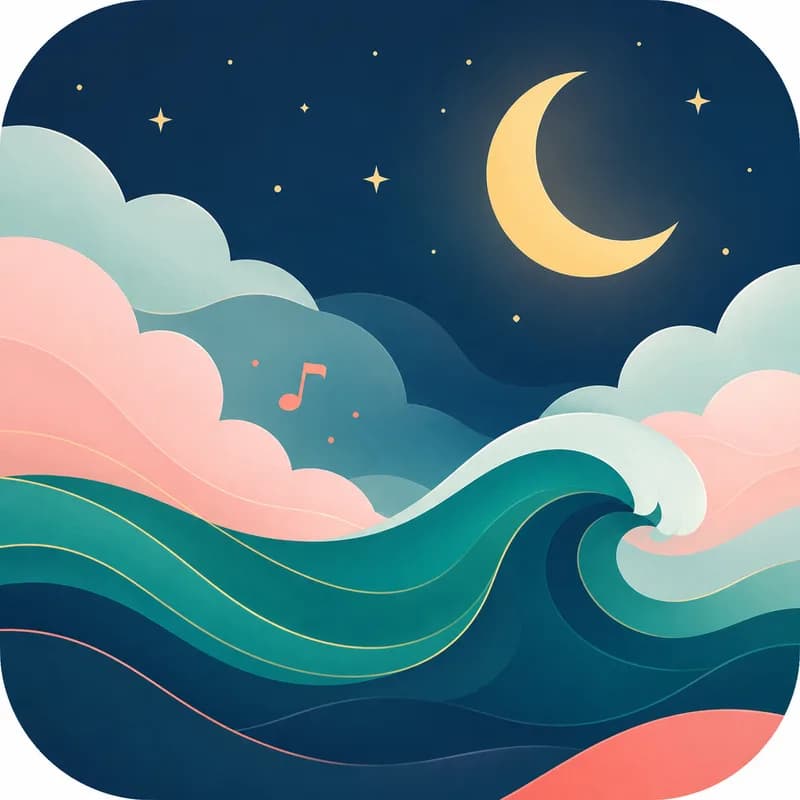 Illustrated crescent moon over calm night waves