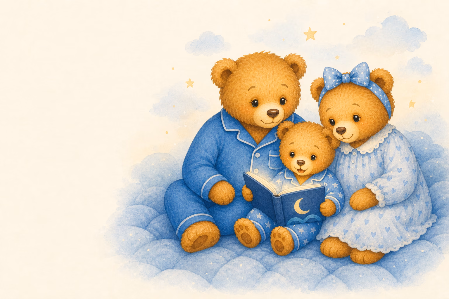 Mama Bear, Papa Bear, and Little Bear sharing a glowing bedtime story on a soft blue quilt